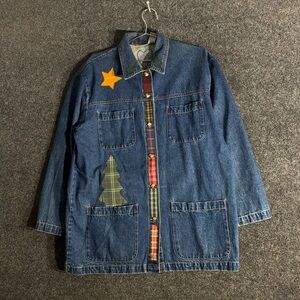 Vintage Applique Denim Jacket Cabin Bear Tree Stars Folk Art Size L